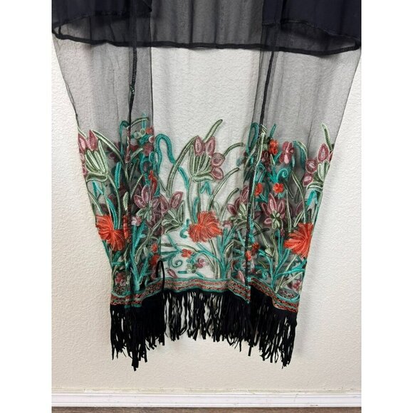 Womens Kimono Cover Up Long Size XXL Black Sheer Floral Embroidered Fringed - Picture 6 of 13